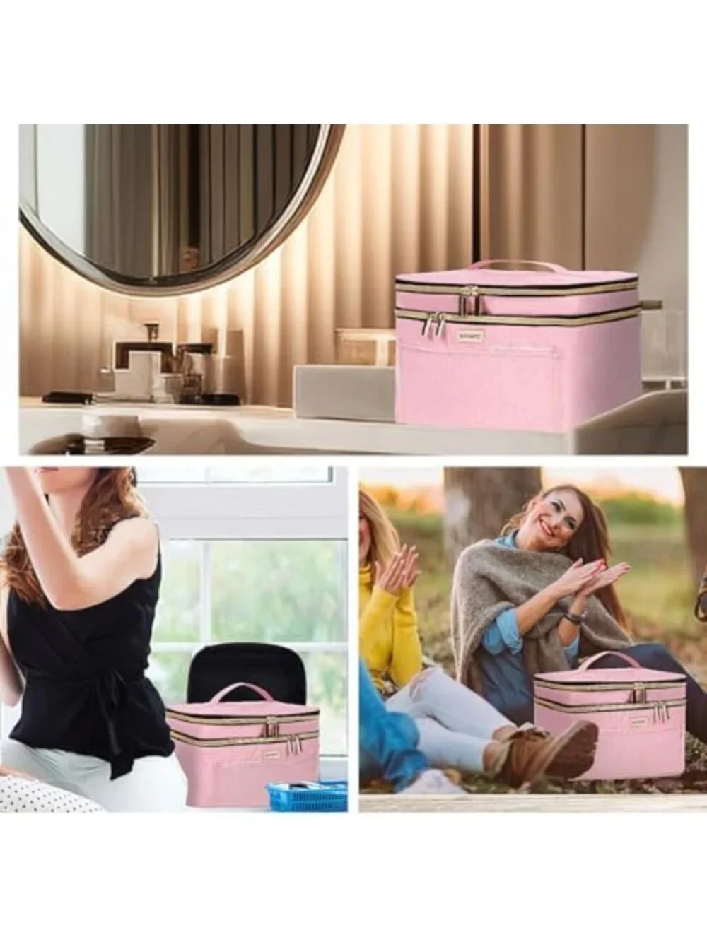 Large Double Layer Travel Makeup Bag - Portable Cosmetic Organizer with Brush